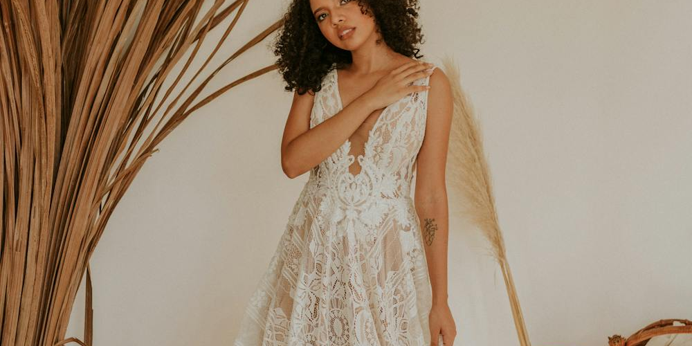 A beautiful lace wedding dress.